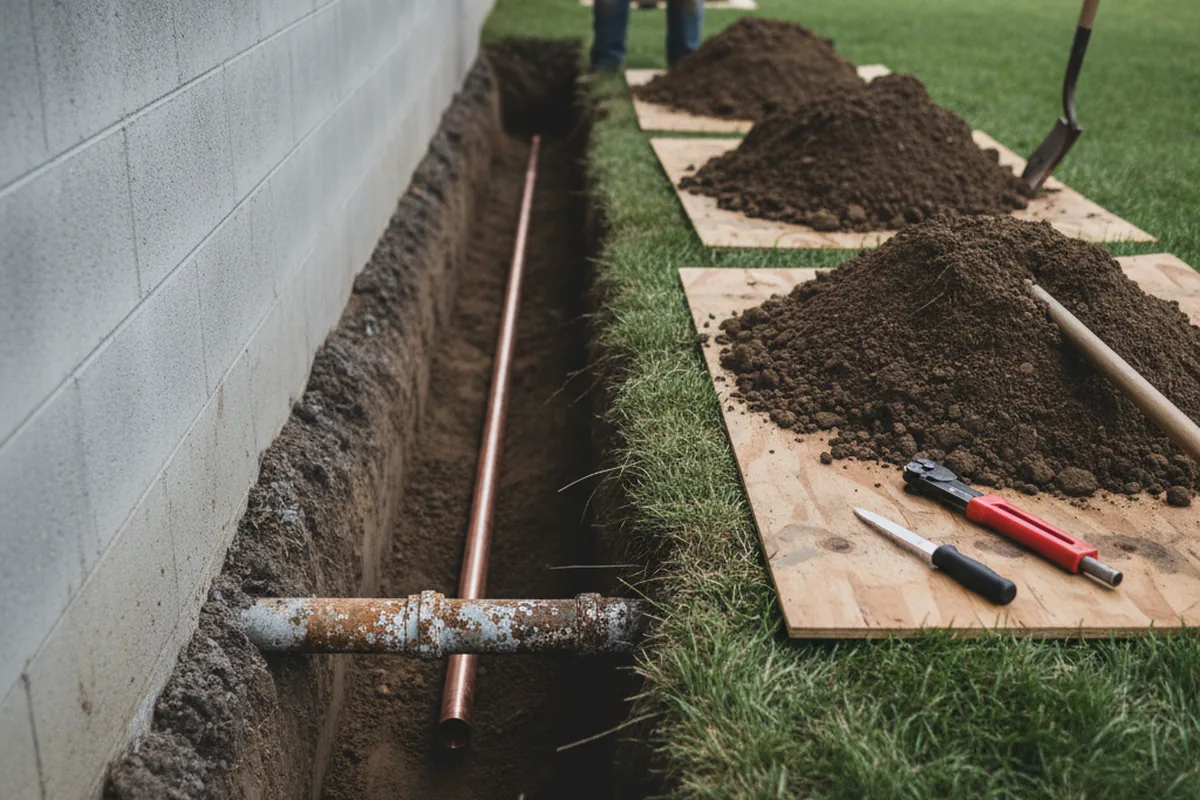 Excavated water line trench during Water Softener Installation in Johnson